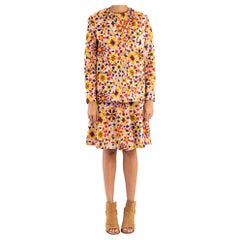 1960S White Polyester Yellow And Orange Geometric Double Knit 3 Piece Skirt Suit