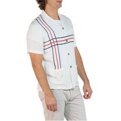 1960S White Rayon Men's Shirt With Dramatic Buttons & Braided Trim