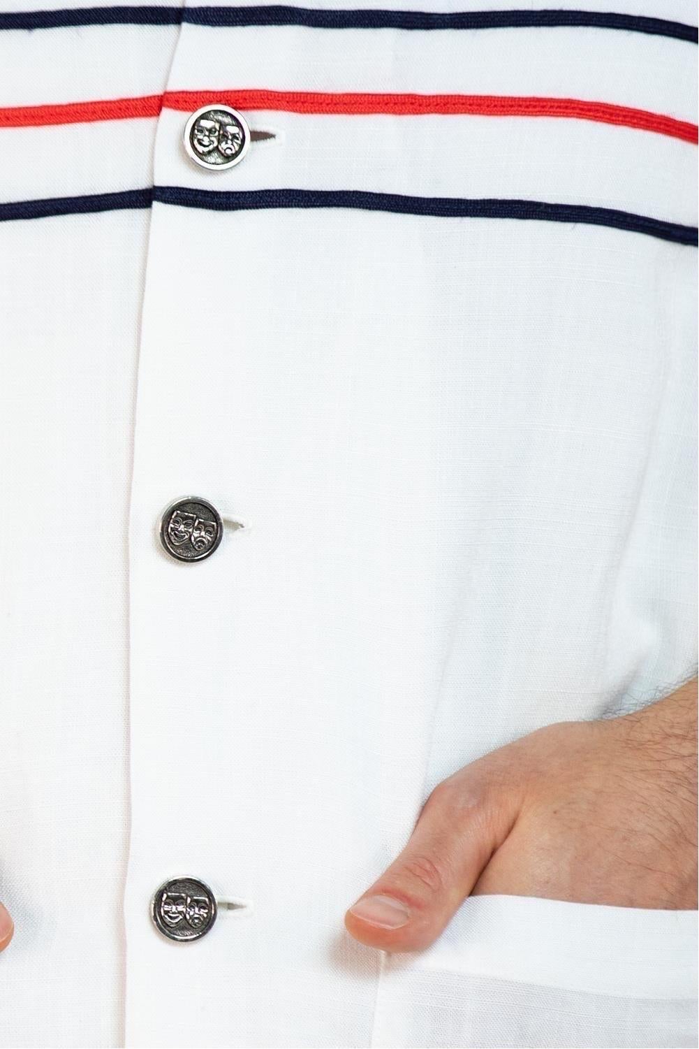 1960S White Rayon Men's Shirt With Dramatic Buttons & Braided Trim For Sale 5