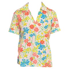 Vintage 1960S White, Red & Blue Poly/Cotton Floral Polo Shirt