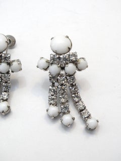 1960s White Rhinestone Dangle Screw Back Earrings