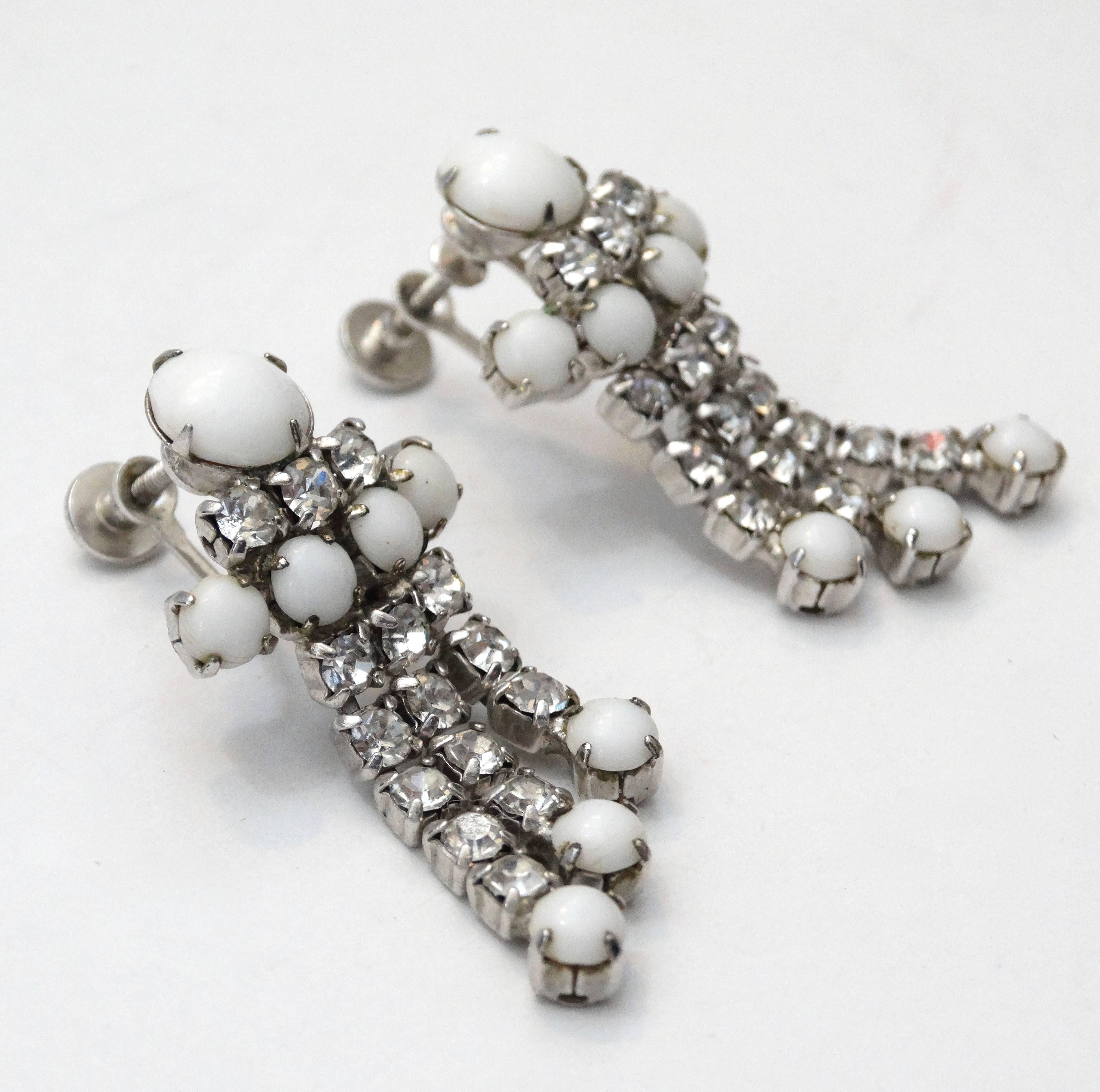 1960s White Rhinestone Dangle Screw Back Earrings  For Sale 1