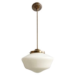 1960s White School House Pendant Light w/ Brass Hardware