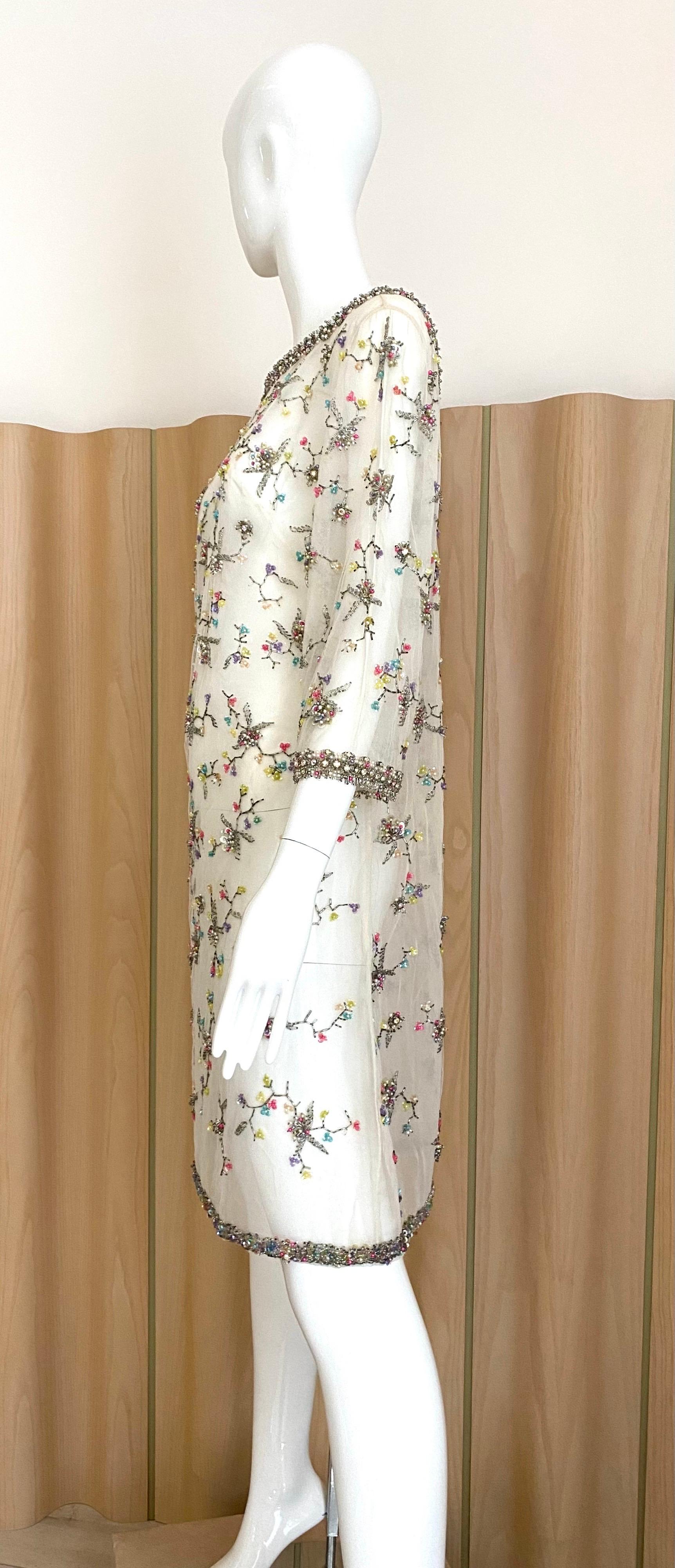 1960s White Sheer Embellished Cocktail Dress For Sale 1