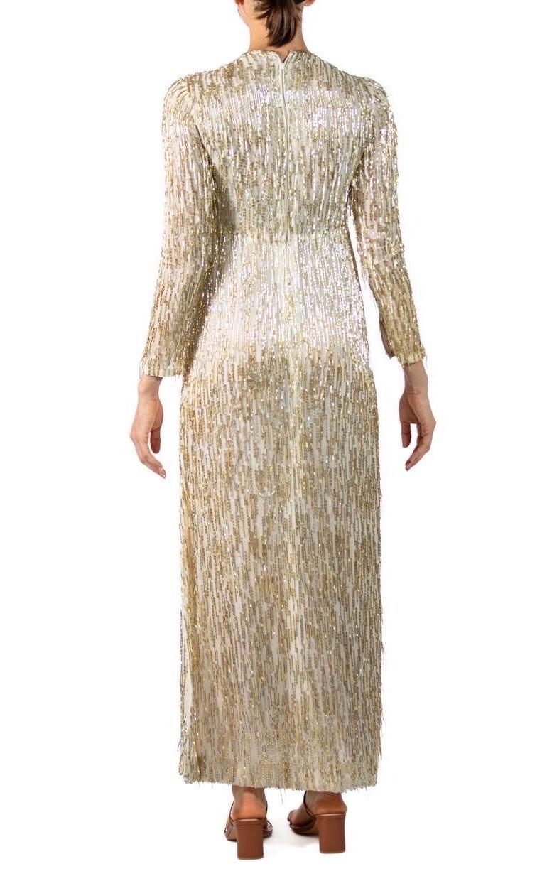 Women's 1960S White Silk Chiffon Empire Waist Gown Covered In Gold & Silver Beaded Frin For Sale