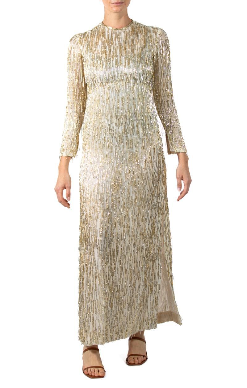 1960S White Silk Chiffon Empire Waist Gown Covered In Gold & Silver Beaded Frin For Sale 3