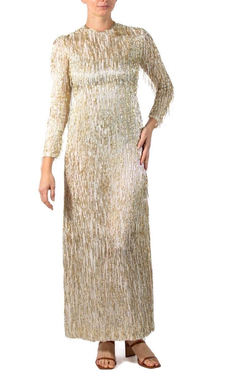 1960S White Silk Chiffon Empire Waist Gown Covered In Gold & Silver Beaded Frin For Sale 4