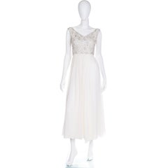 1960s White Silk Chiffon Evening Dress With Silver Beads and Iridescent Sequins