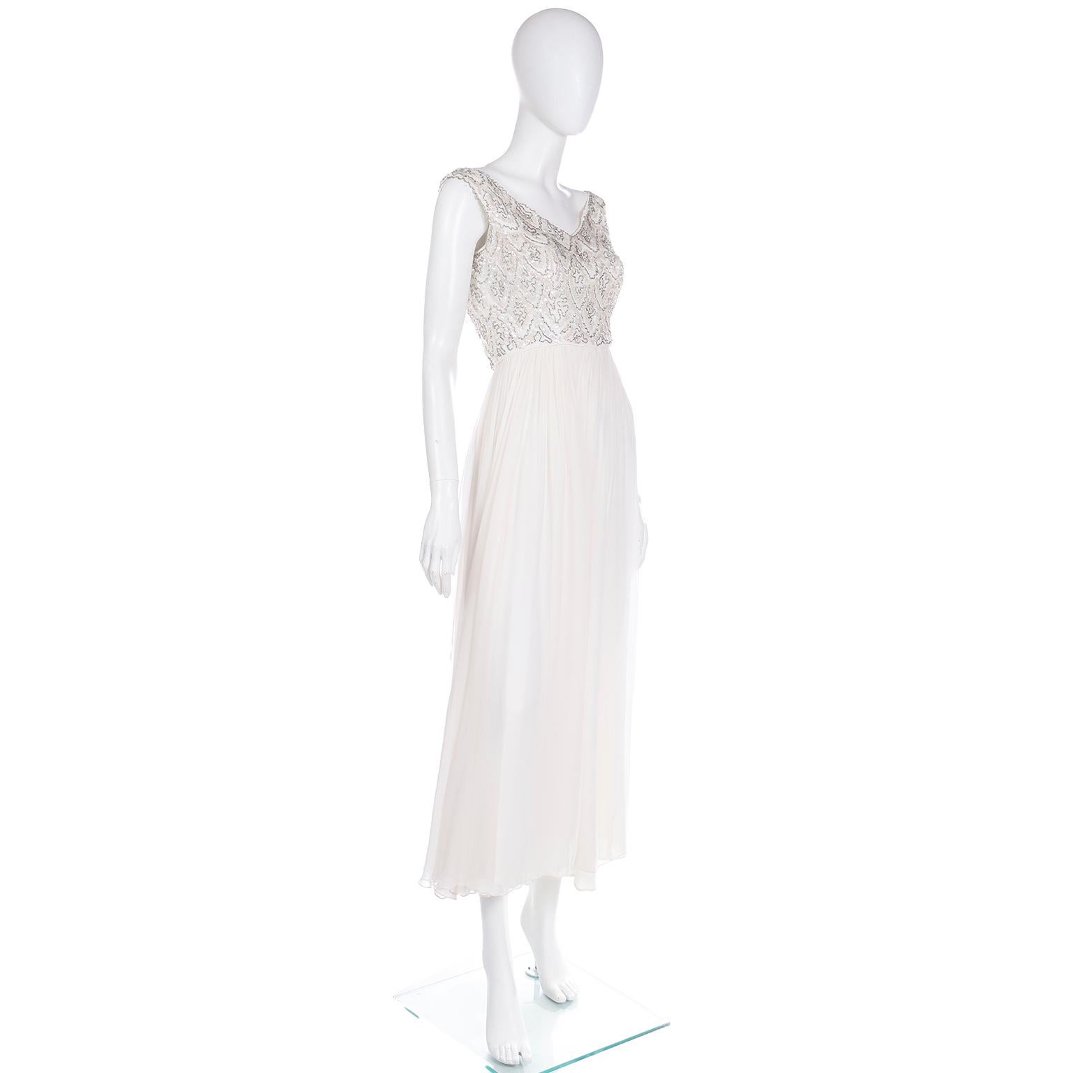 1960s White Silk Chiffon Evening Dress With Silver Beads and Iridescent Sequins In Excellent Condition For Sale In Portland, OR
