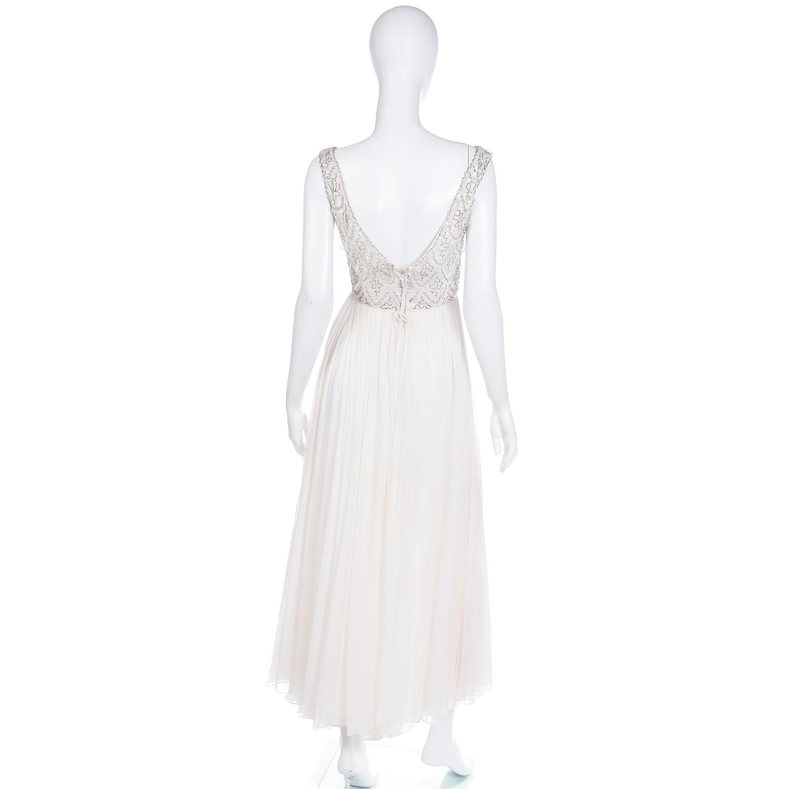 Women's 1960s White Silk Chiffon Evening Dress With Silver Beads and Iridescent Sequins For Sale