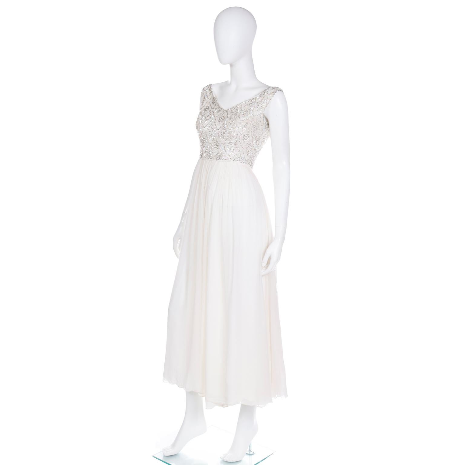 1960s White Silk Chiffon Evening Dress With Silver Beads and Iridescent Sequins For Sale 1