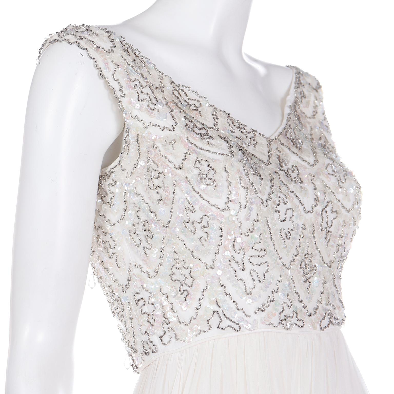 1960s White Silk Chiffon Evening Dress With Silver Beads and Iridescent Sequins For Sale 2