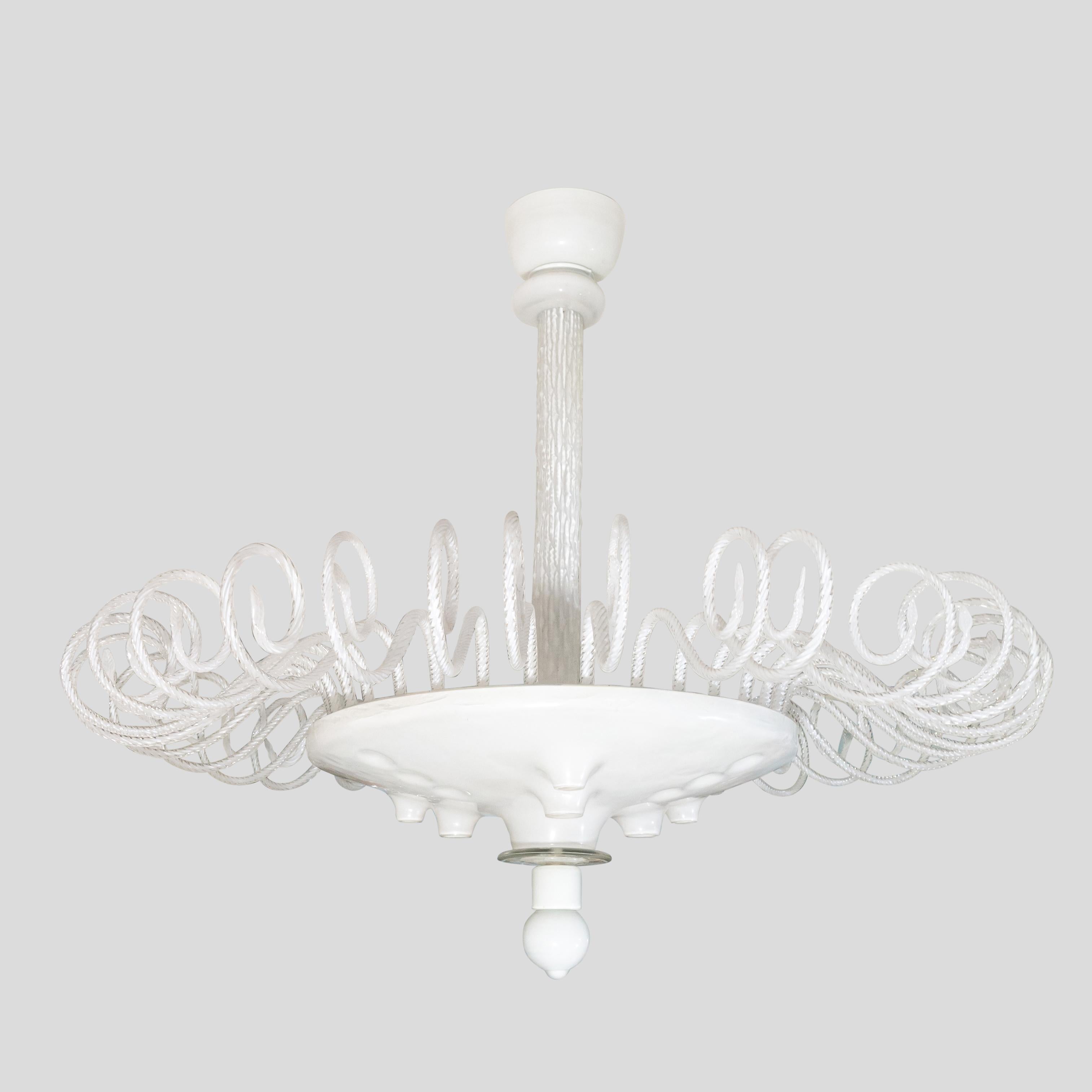 Mid-20th Century 1960s White Venetian Hand Blown Glass Large Murano Chandelier Midcentury For Sale