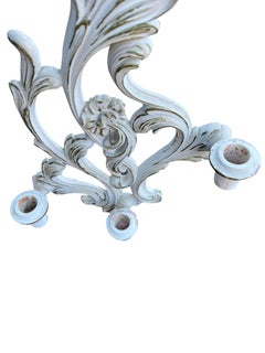 1960s White Washed Wood French Style Candle Holder Wall Sconces by Syroco - Pair