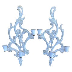 1960s White Washed Wood French Style Candle Holder Wall Sconces by Syroco - Pair