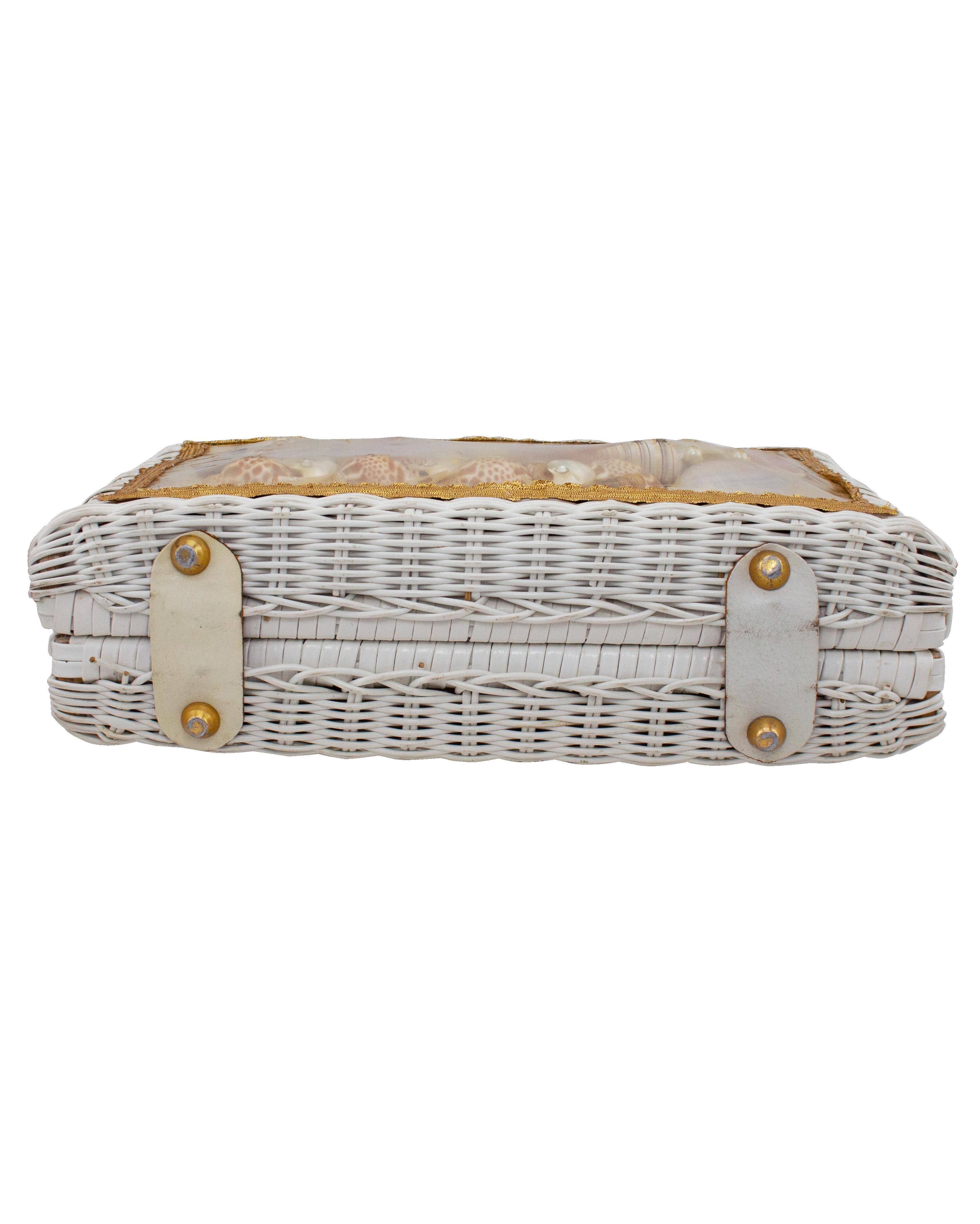 Women's or Men's 1960s White Wicker and Seashell Bag