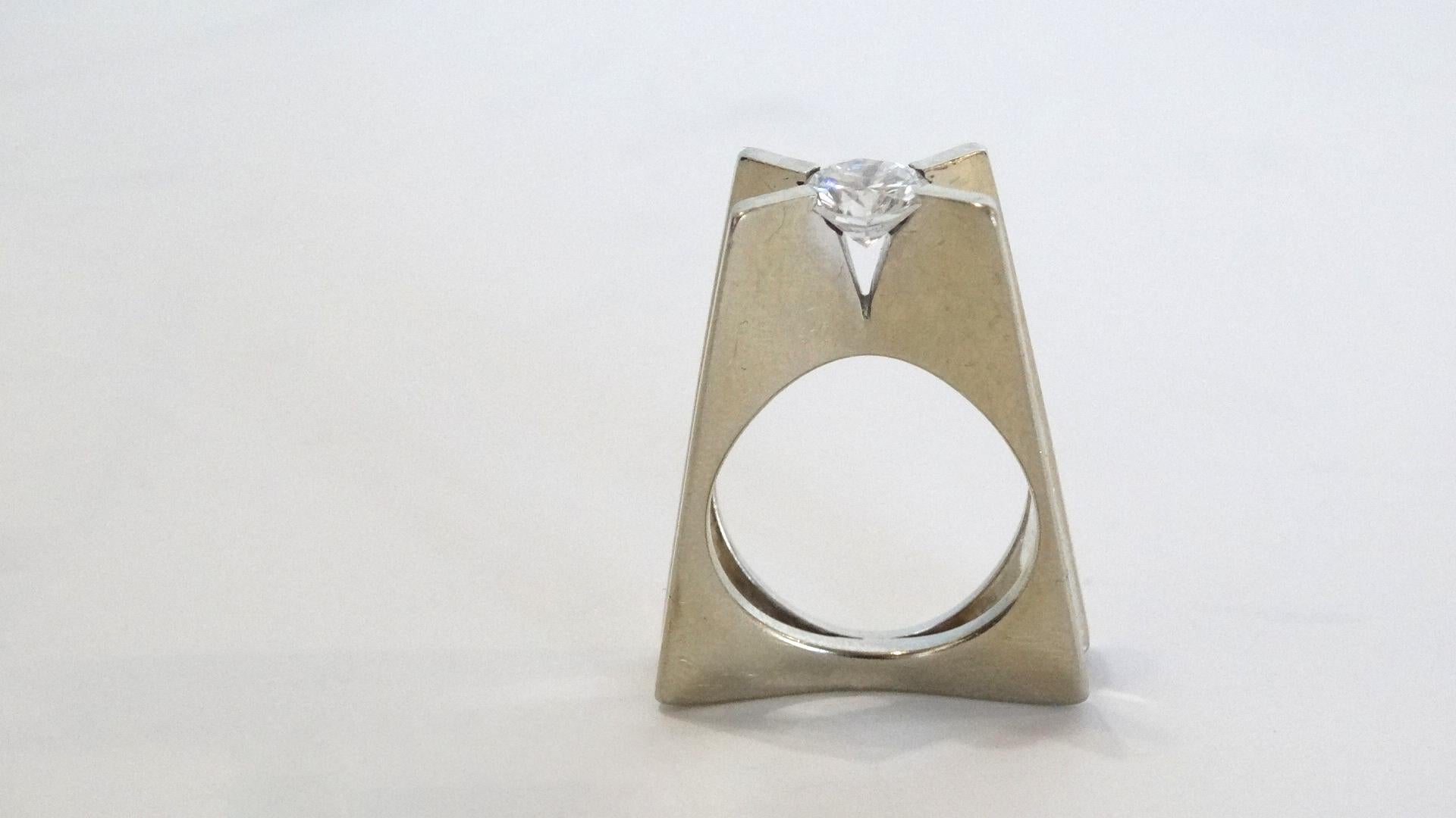 A wonderful Georg Jensen estate piece circa 1960s from the GJ store in NYC on 5th Ave. This ring is 1 ct Diamond, VS1, F color 14k white gold 10.85 total gram weight and a sz 5.5 the designer is George Whitt for Georg Jensen. We acquired this piece