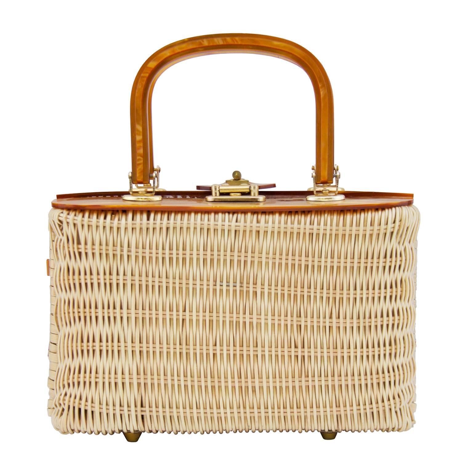 Brown 1960s Wicker and Lucite Basket Bag