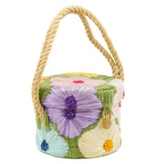 1960s Wicker and Raffia Flower Embroidered Bucket Bag