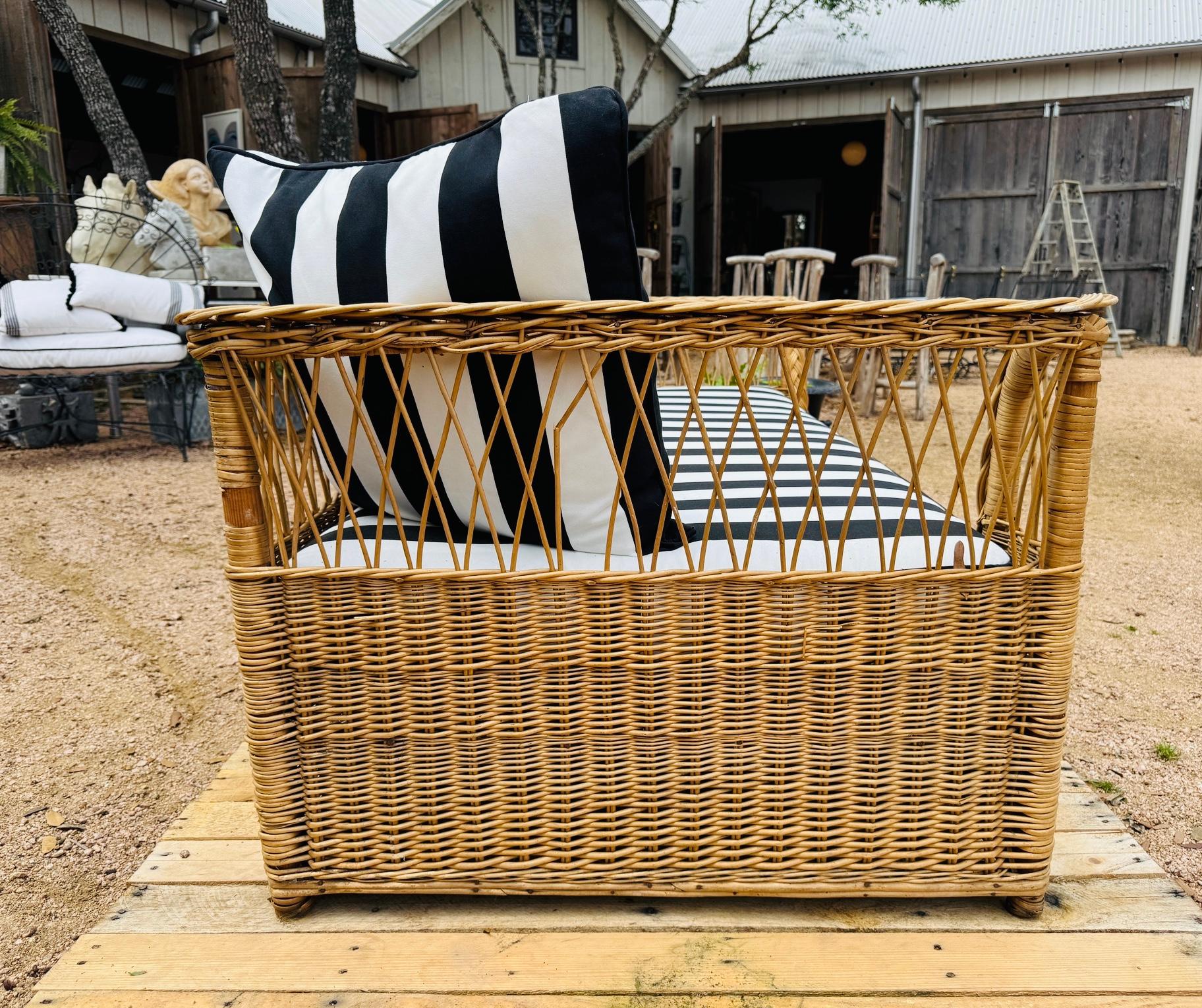 North American 1960's Wicker Rattan Daybed with New Upholstery