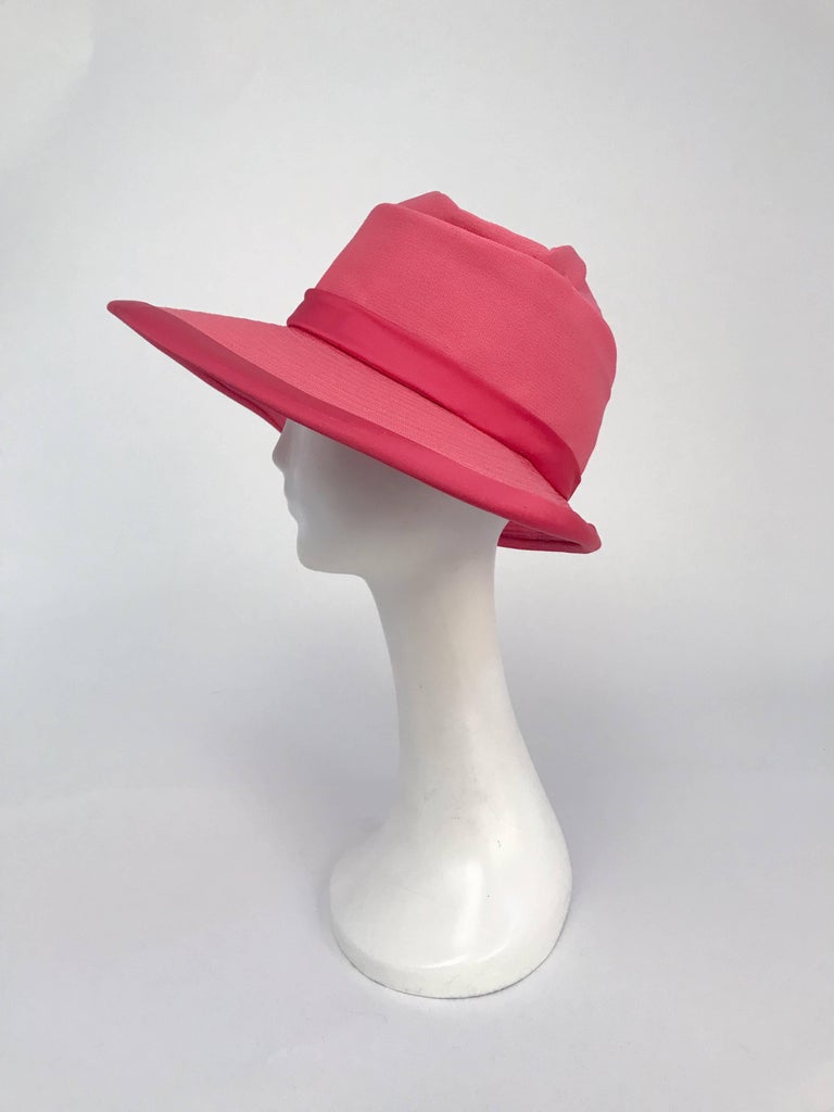 1960s Wide Brim Hat w/ Pink & Blue Ribbon Bows. Satin trim in darker pink color, shaped crown, and ribbon bows on one side with brass button detailing. 