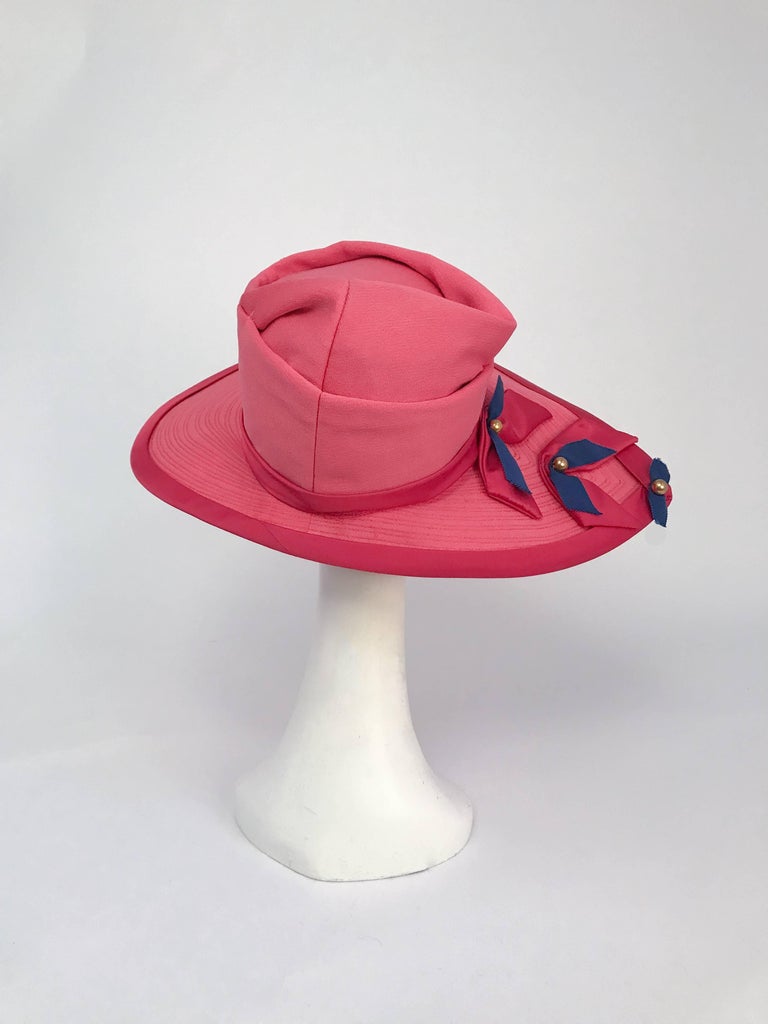 Wide Brim Hat with Pink and Blue Ribbon Bows, 1960s  In Good Condition For Sale In San Francisco, CA