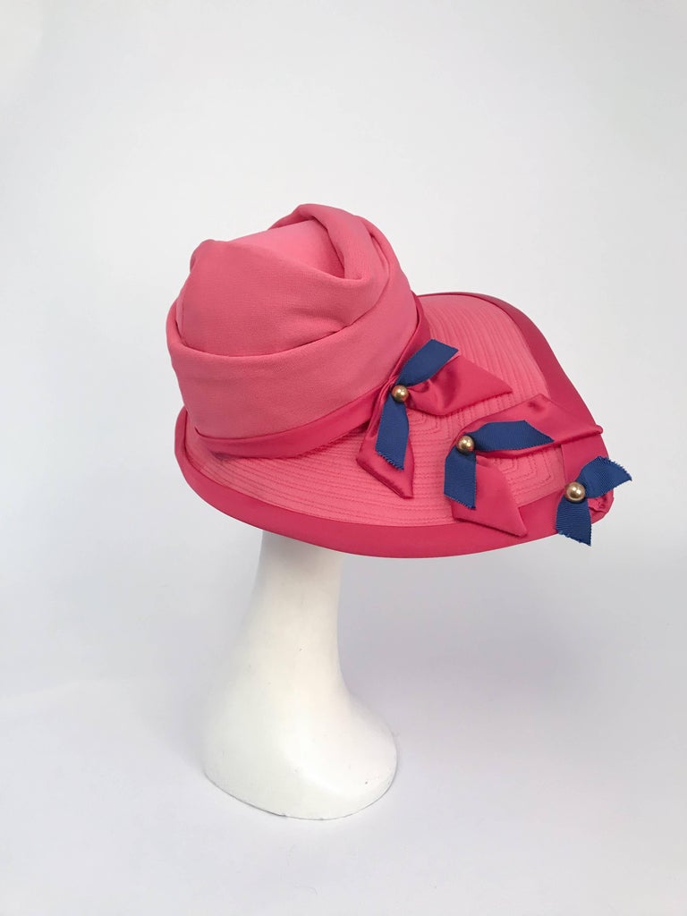 Women's Wide Brim Hat with Pink and Blue Ribbon Bows, 1960s  For Sale