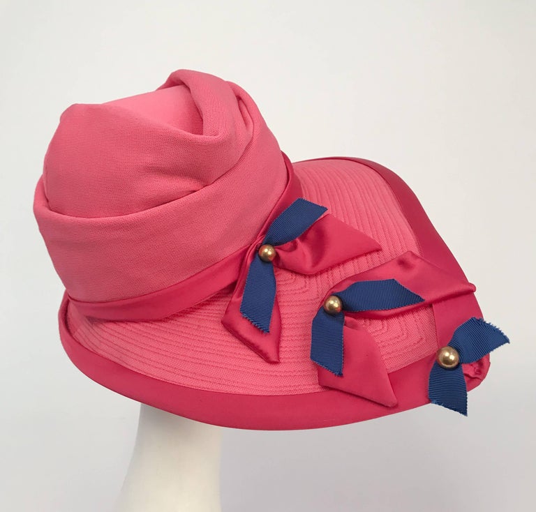 Wide Brim Hat with Pink and Blue Ribbon Bows, 1960s  For Sale 1