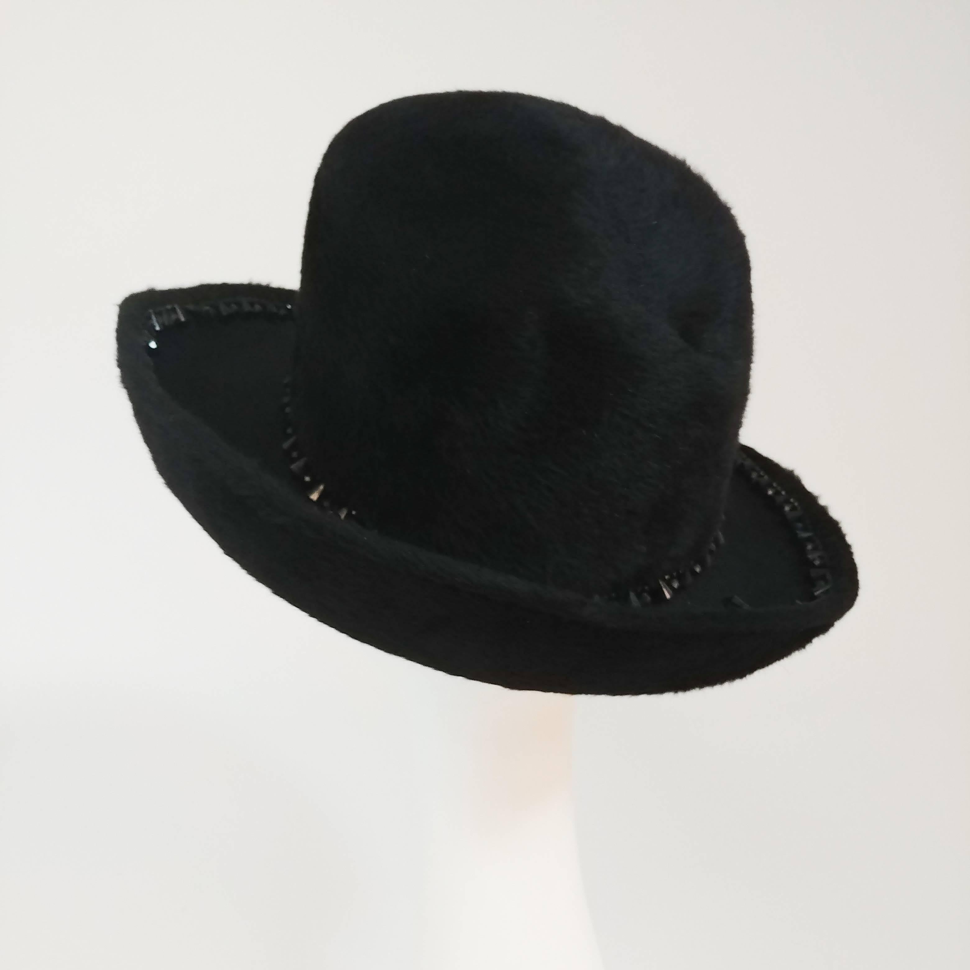 1960s Wide Brimmed Fur Felt Beaded Trim Hat. Tall crown, cocked brim, glass bead trim. 