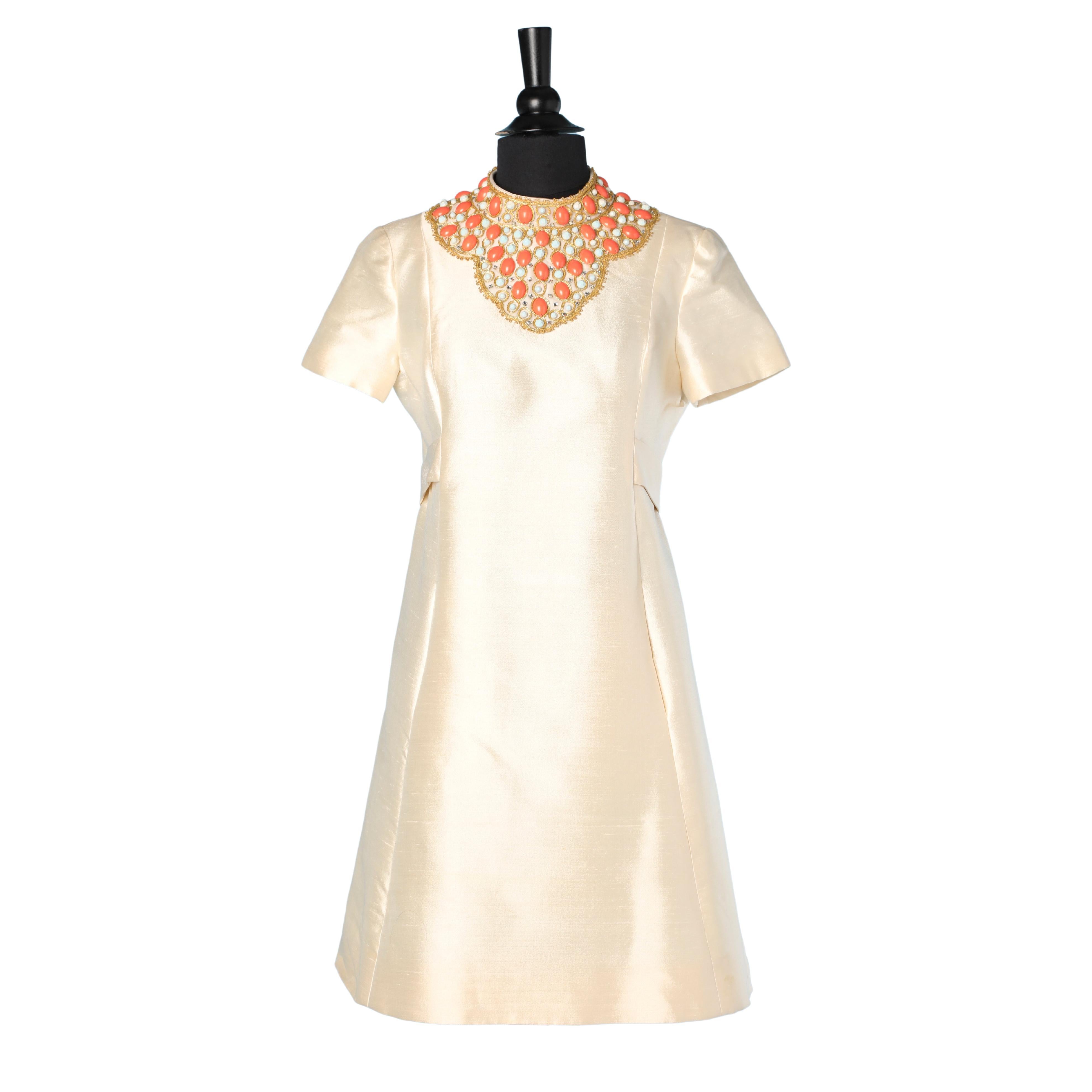 1960's wild silk dress with beads and gold threads Gino Chaveles 