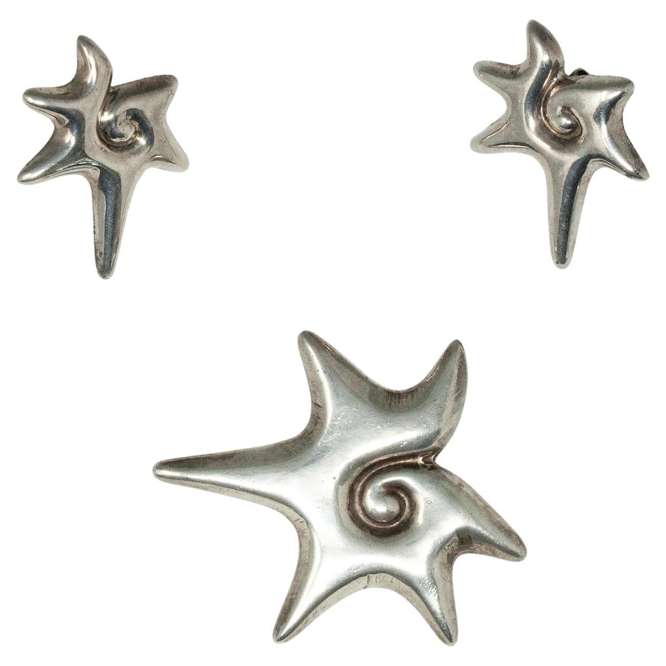 1960s William Spratling Sterling Silver Brooch and Earring Set