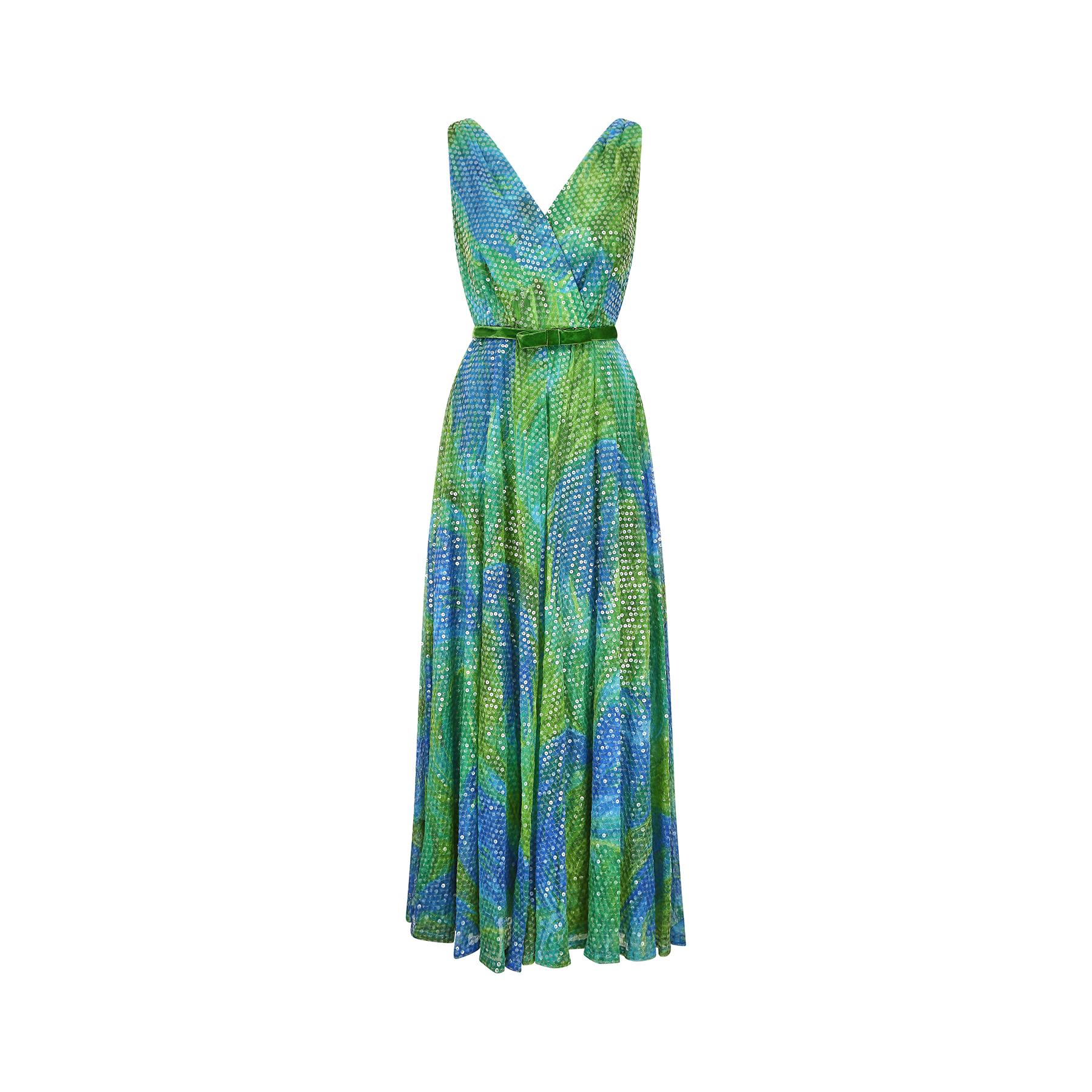1960er William Travilla Grünes und blaues Paillettenkleid Damen im Angebot