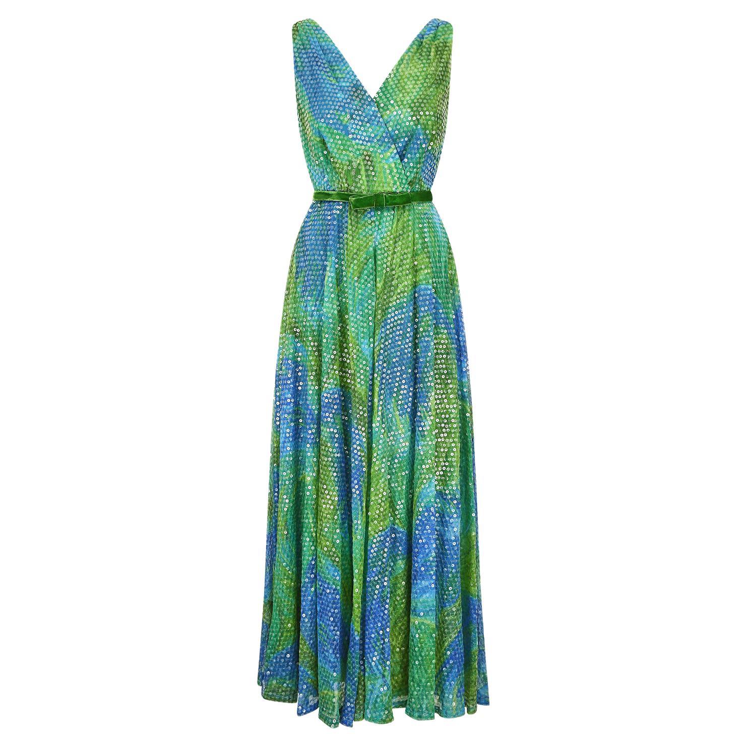 1960s William Travilla Green and Blue Sequin Dress For Sale