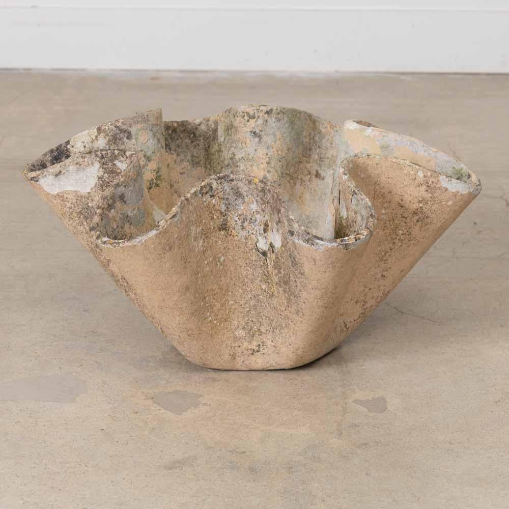Incredible cast concrete clam shell planter made in Switzerland, 1960's. Vintage piece with great modern form by Willy Guhl, perfect for indoor or outdoor use. Wonderful age, moss, and patina throughout. Three available, sold individually. 