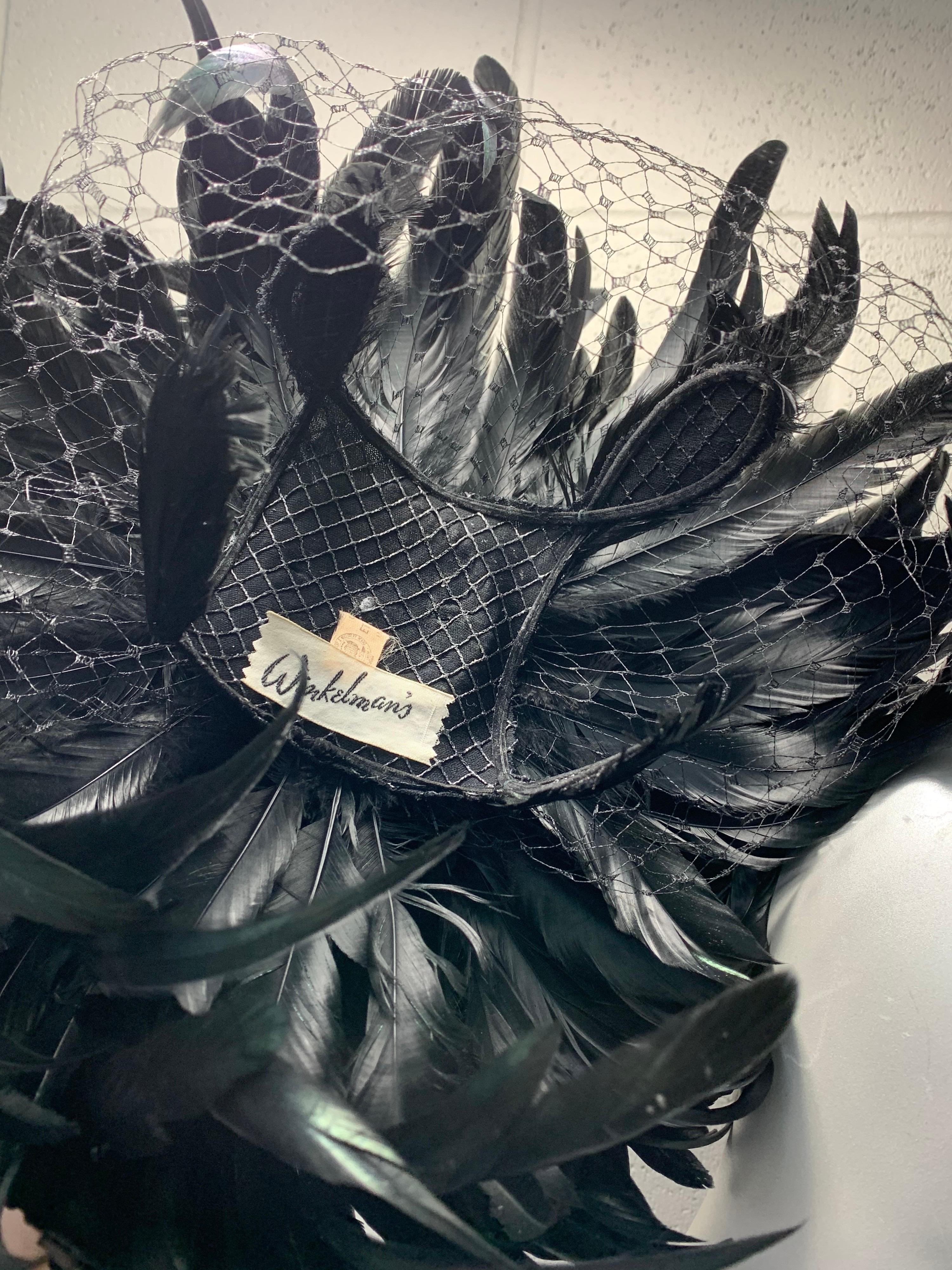 1960s Winkleman's Dramatic Iridescent Black Coq Feather Showgirl Hat with Veil  4