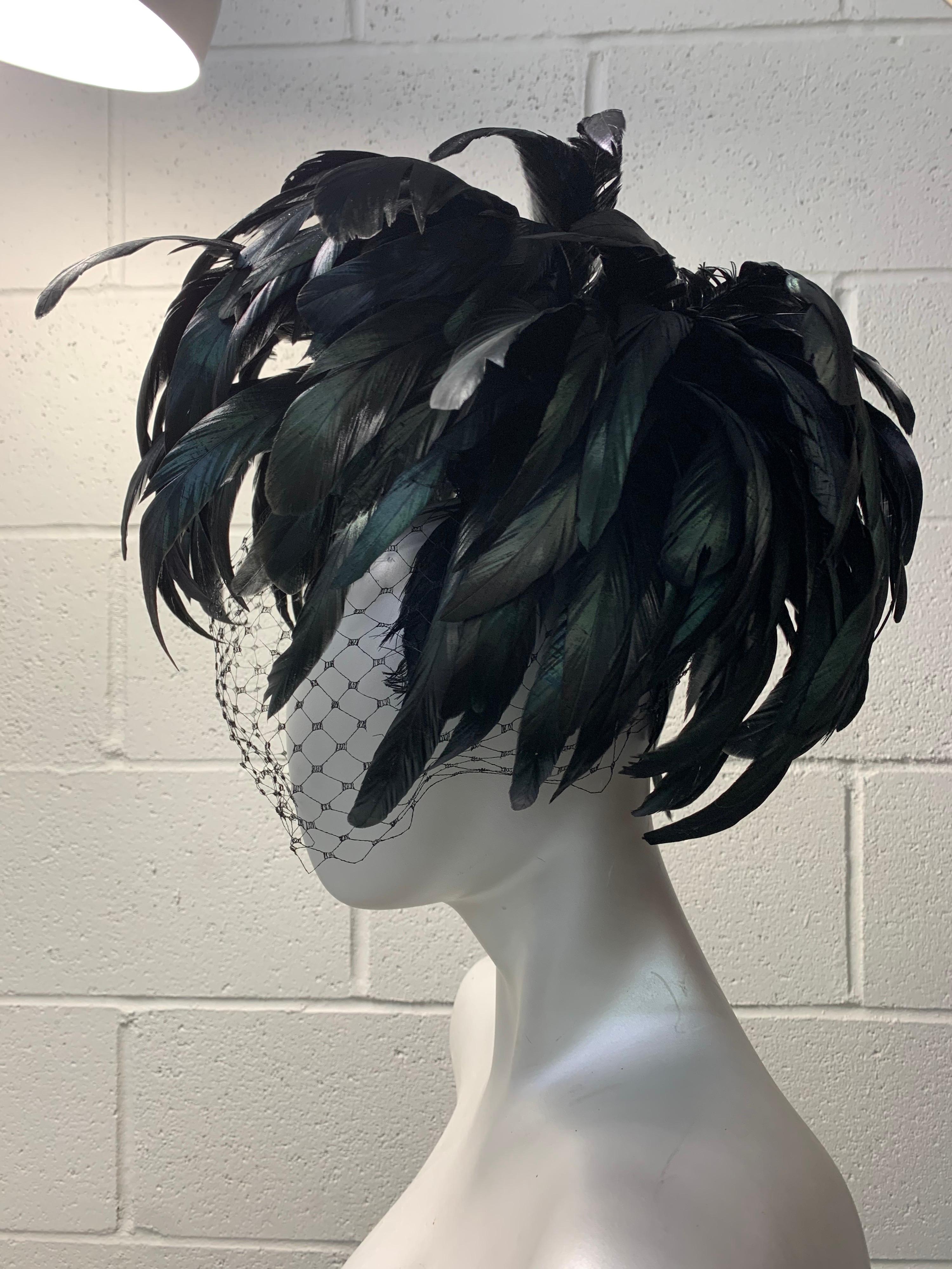 1960s Winkleman's Dramatic Black Iridescent Coq Feather Showgirl Hat with Veil: 