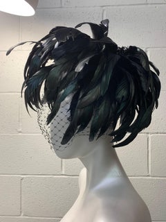 1960s Winkleman's Dramatic Iridescent Black Coq Feather Showgirl Hat with Veil