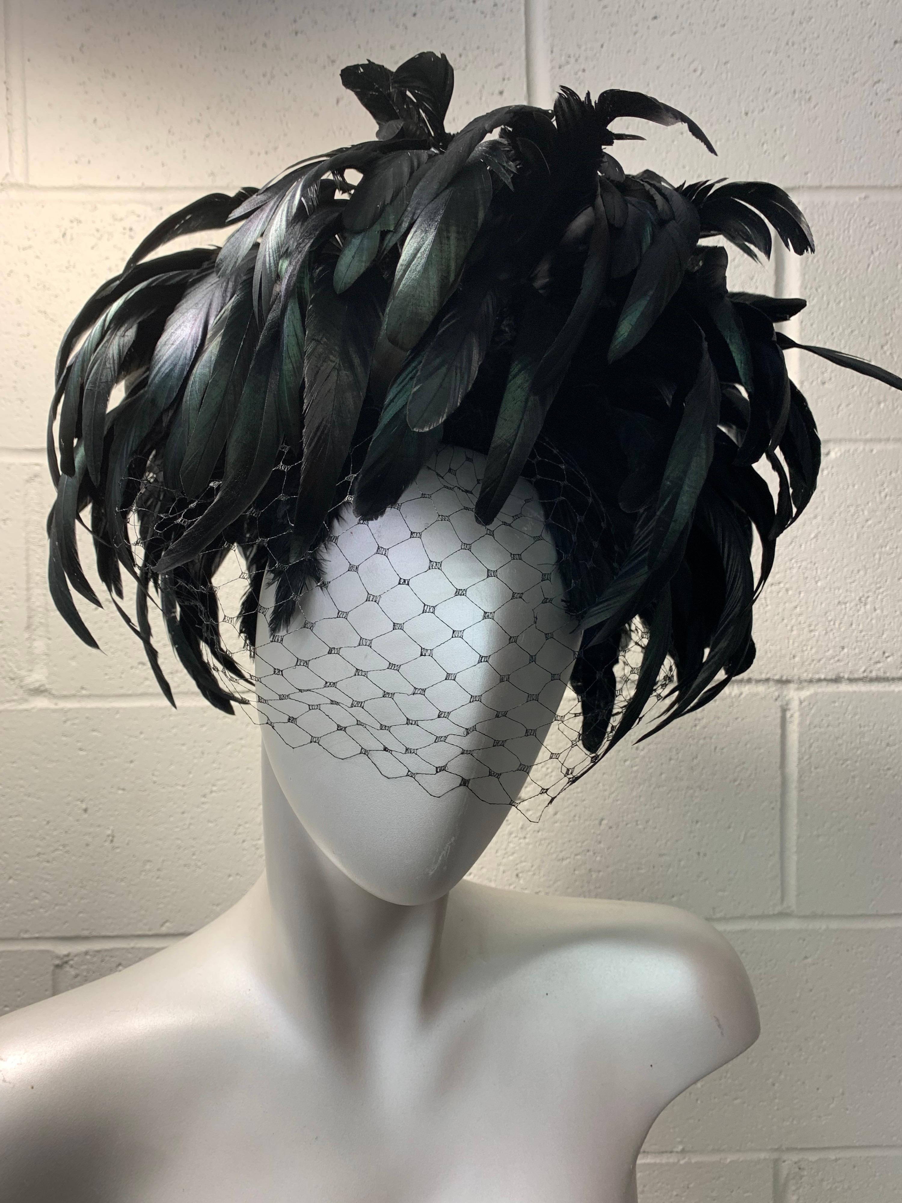 1960s Winkleman's Dramatic Iridescent Black Coq Feather Showgirl Hat with Veil  In Excellent Condition In Gresham, OR