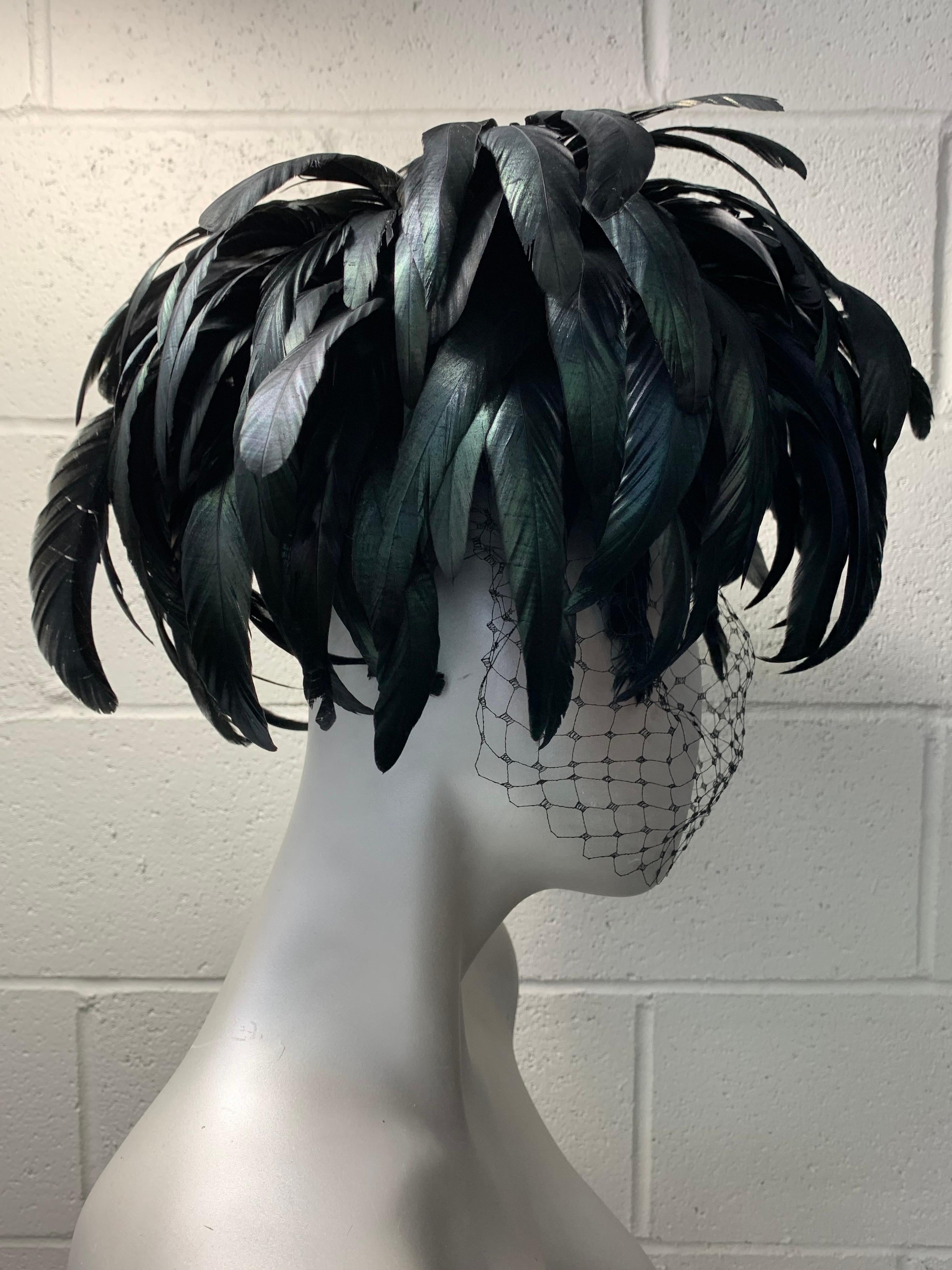 1960s Winkleman's Dramatic Iridescent Black Coq Feather Showgirl Hat with Veil 1