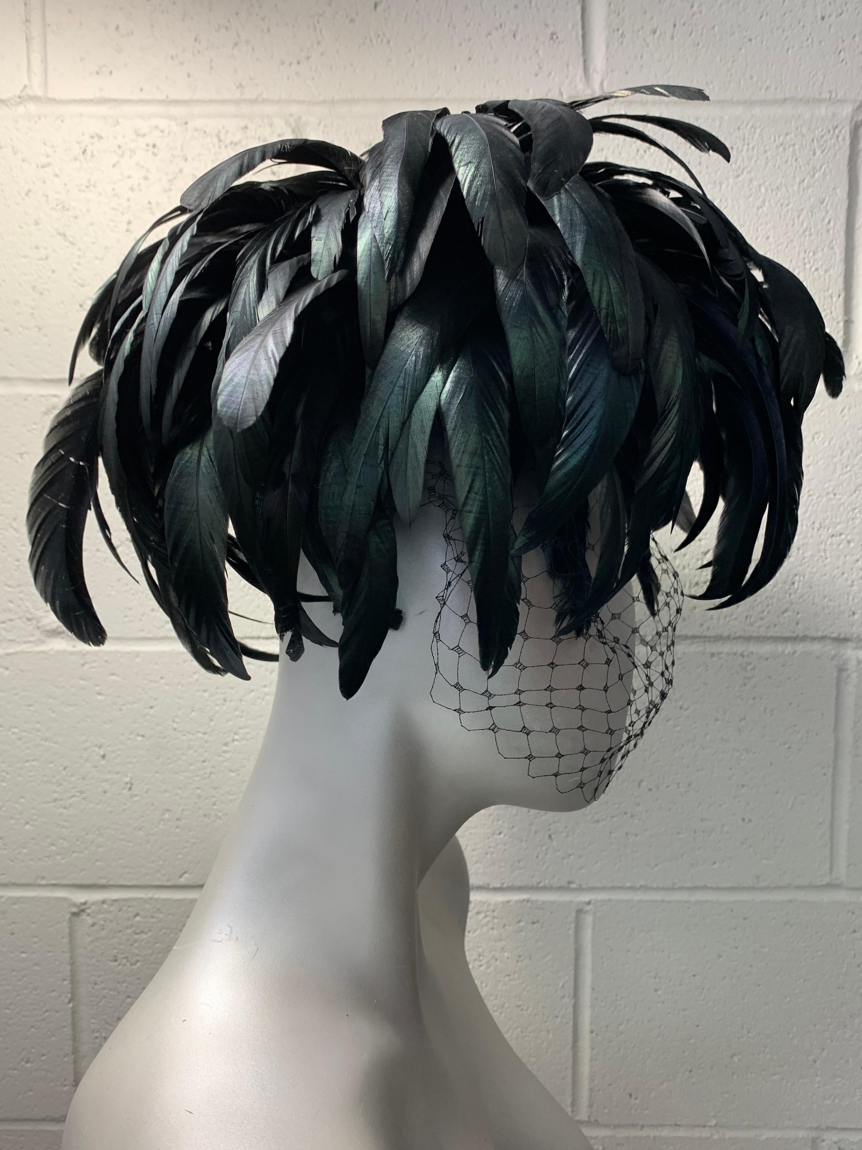 1960s Winkleman's Dramatic Iridescent Black Coq Feather Showgirl Hat with Veil  1