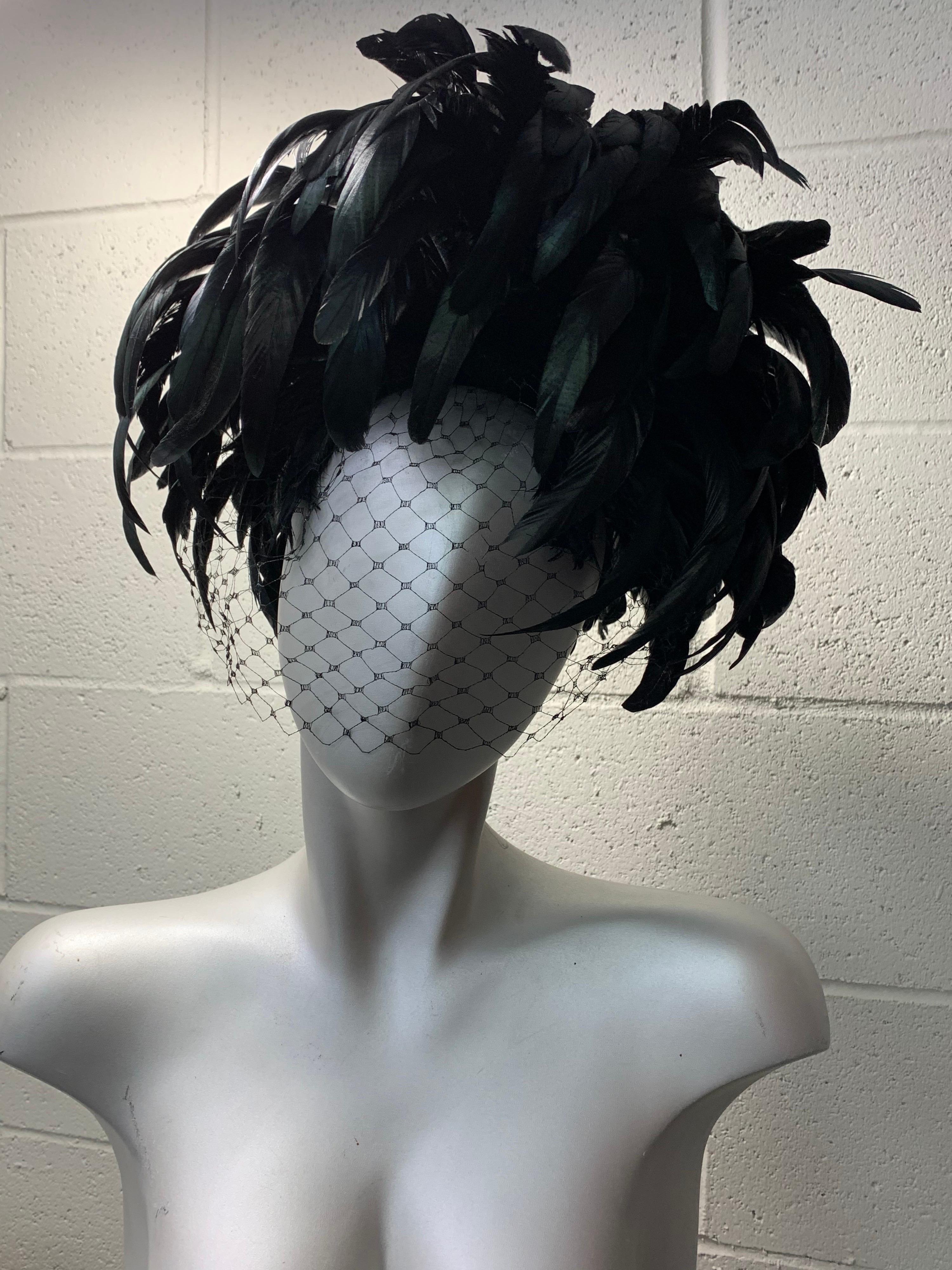 1960s Winkleman's Dramatic Iridescent Black Coq Feather Showgirl Hat with Veil  2