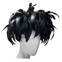 Vintage 1960s Winkleman's Dramatic Iridescent Black Coq Feather Showgirl Hat with Veil