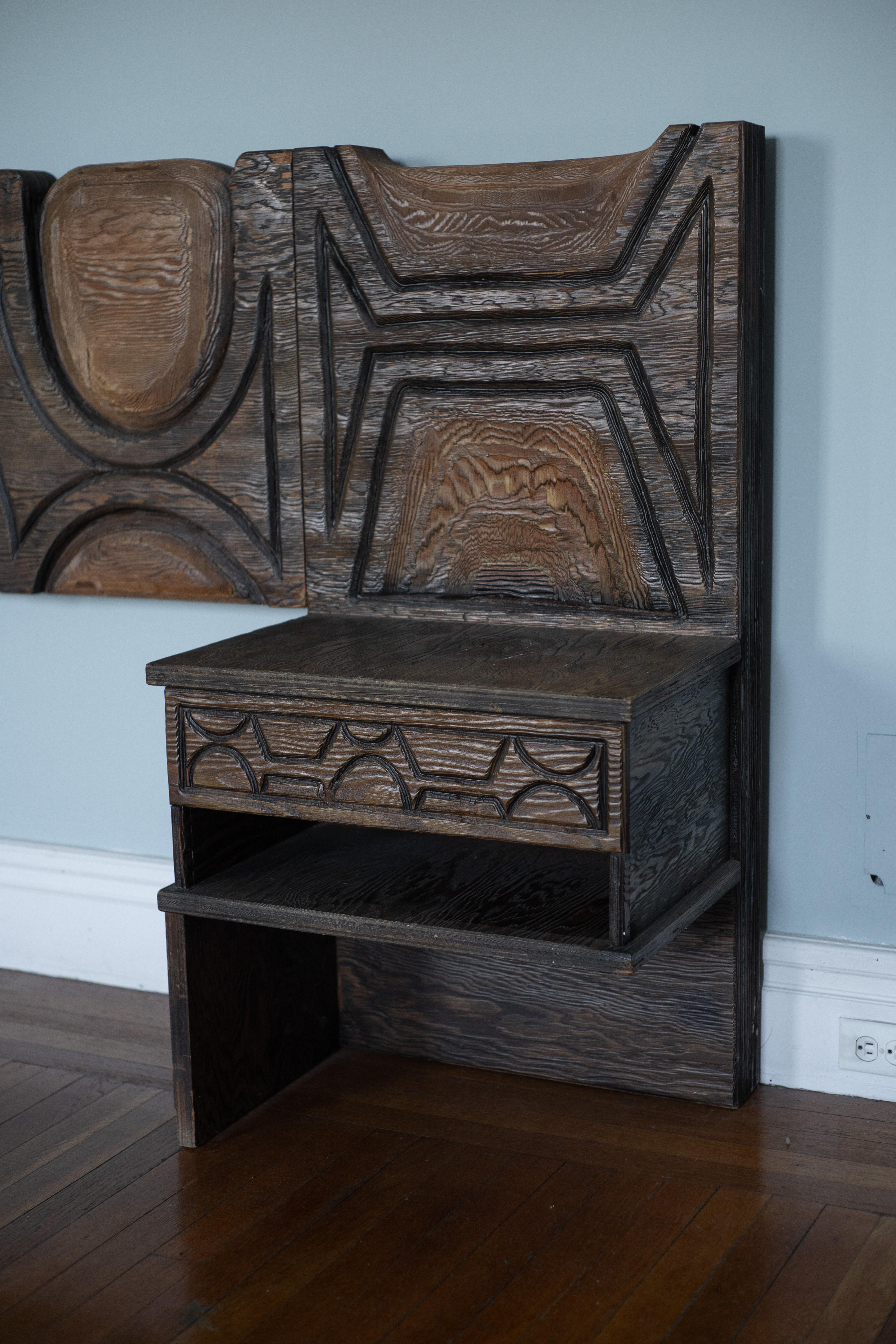 1960s Witco Queen Headboard w/ Floating Nightstands in Tiki Carved Wood For Sale 4
