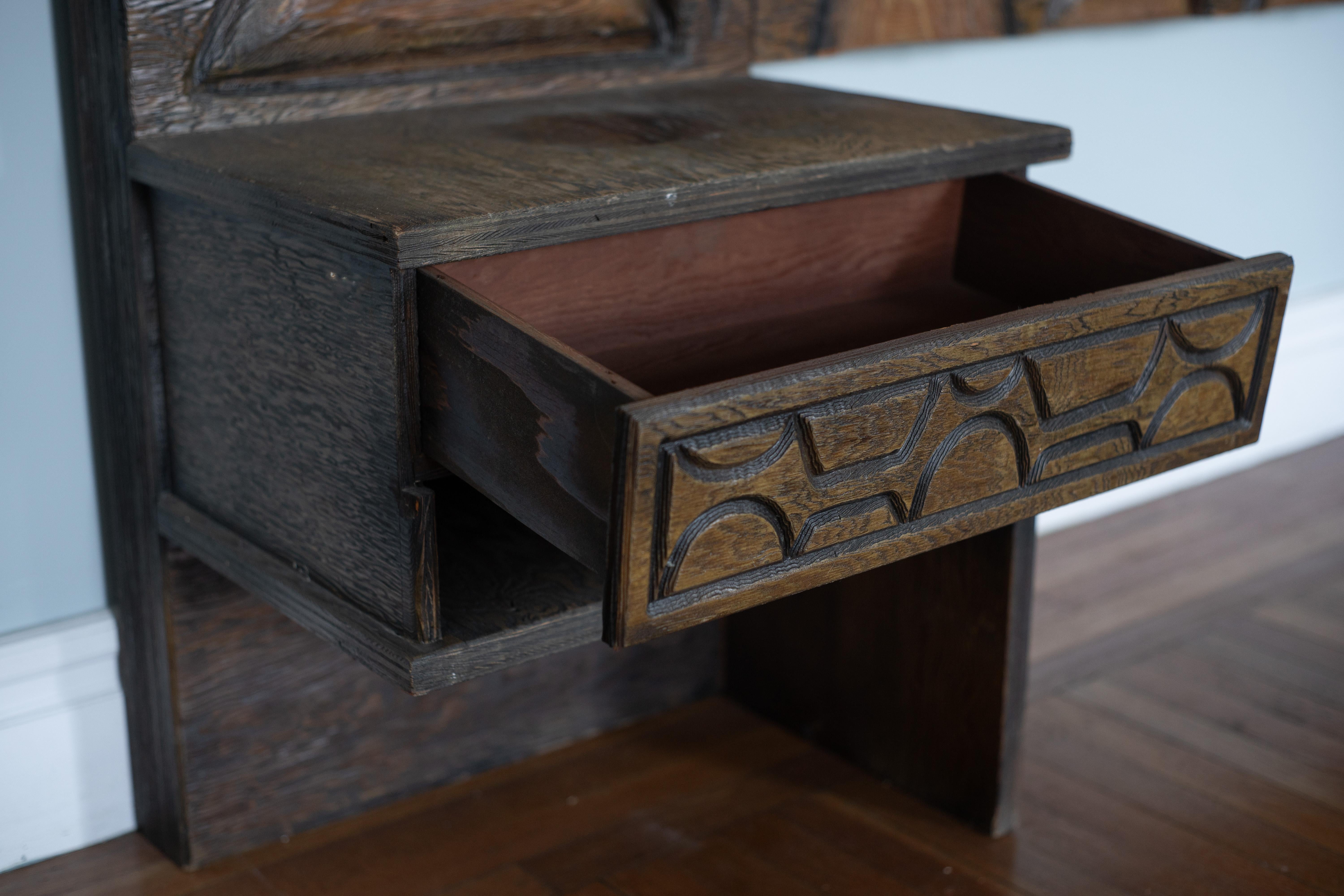1960s Witco Queen Headboard w/ Floating Nightstands in Tiki Carved Wood For Sale 5
