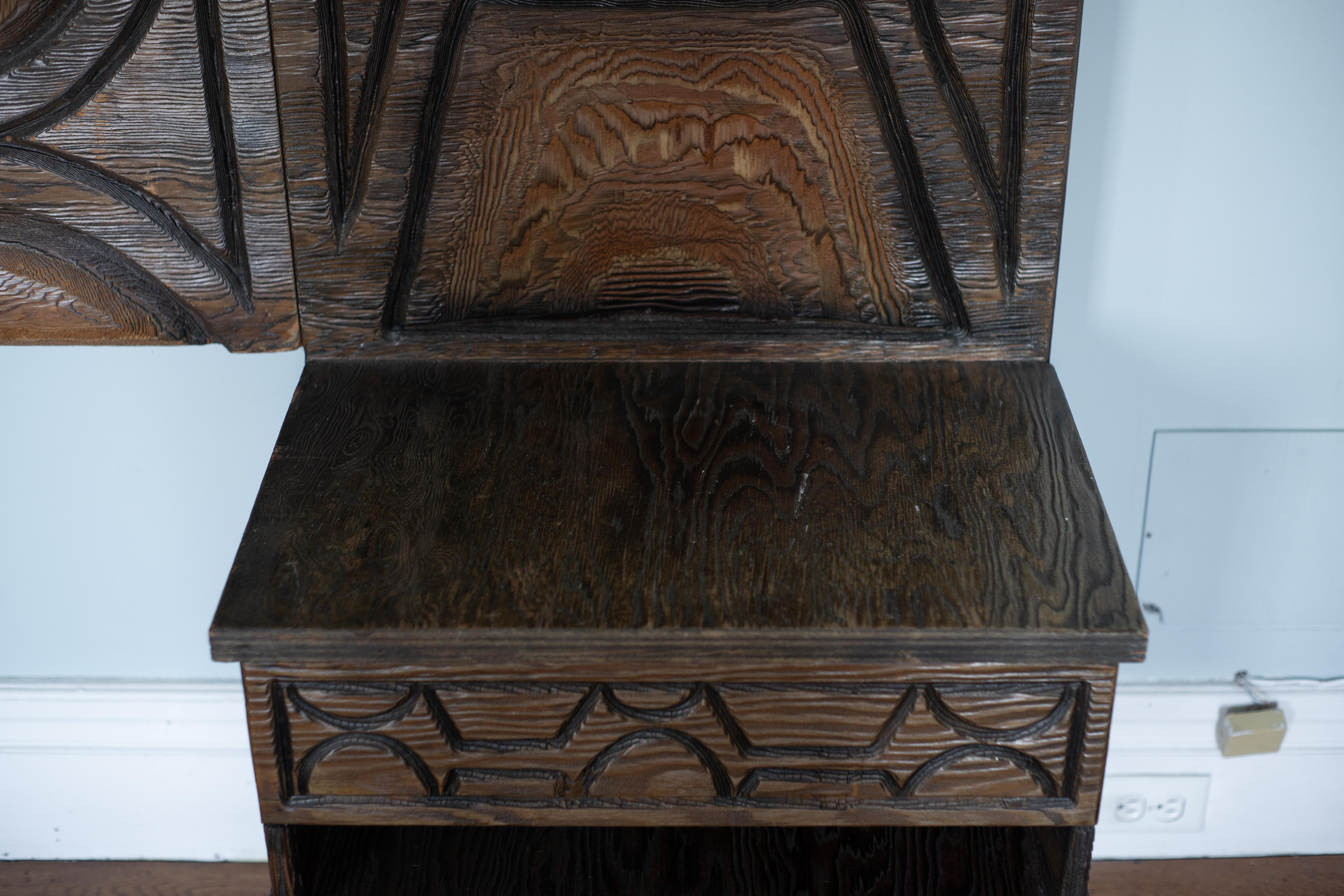 1960s Witco Queen Headboard w/ Floating Nightstands in Tiki Carved Wood For Sale 7