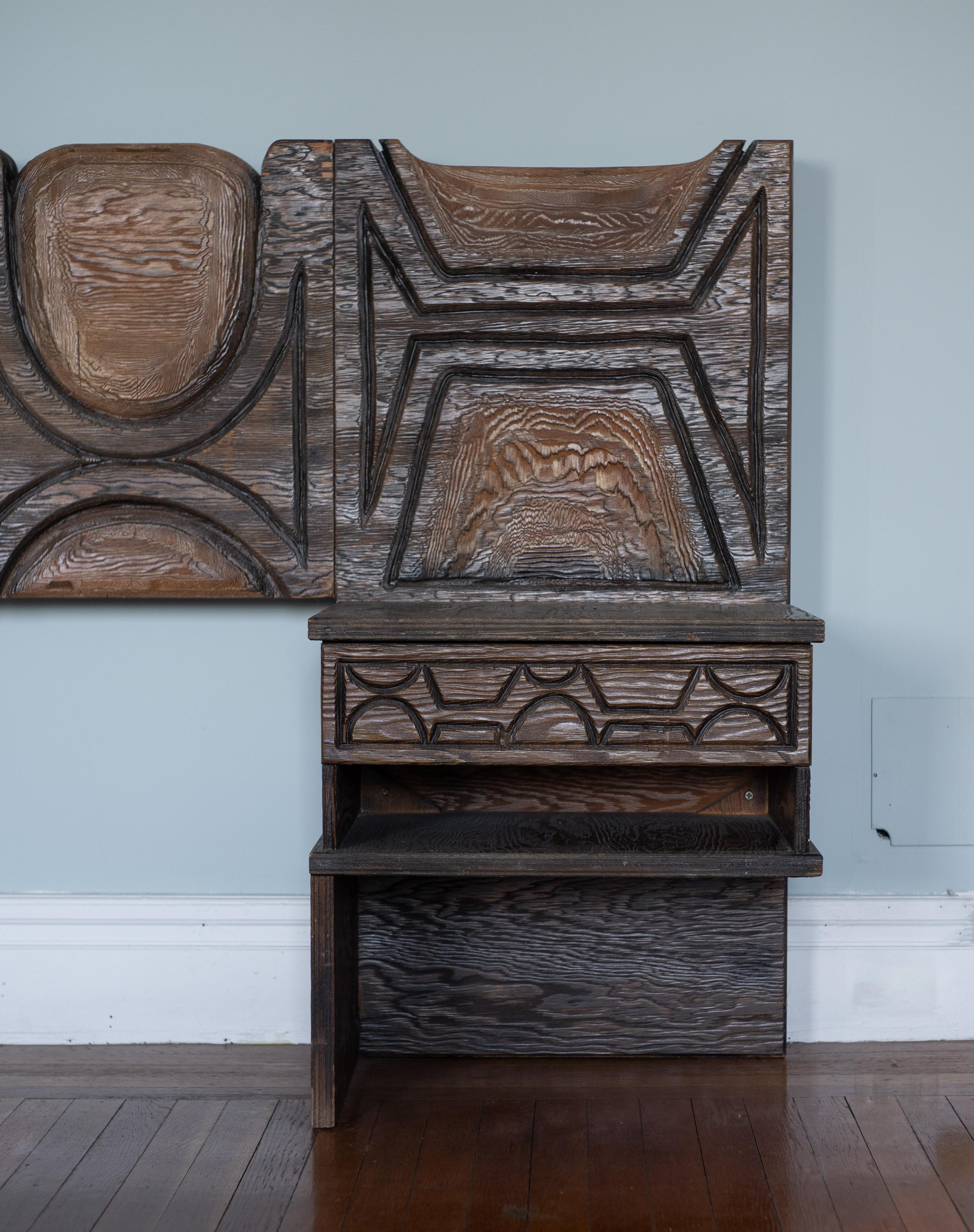 American 1960s Witco Queen Headboard w/ Floating Nightstands in Tiki Carved Wood For Sale