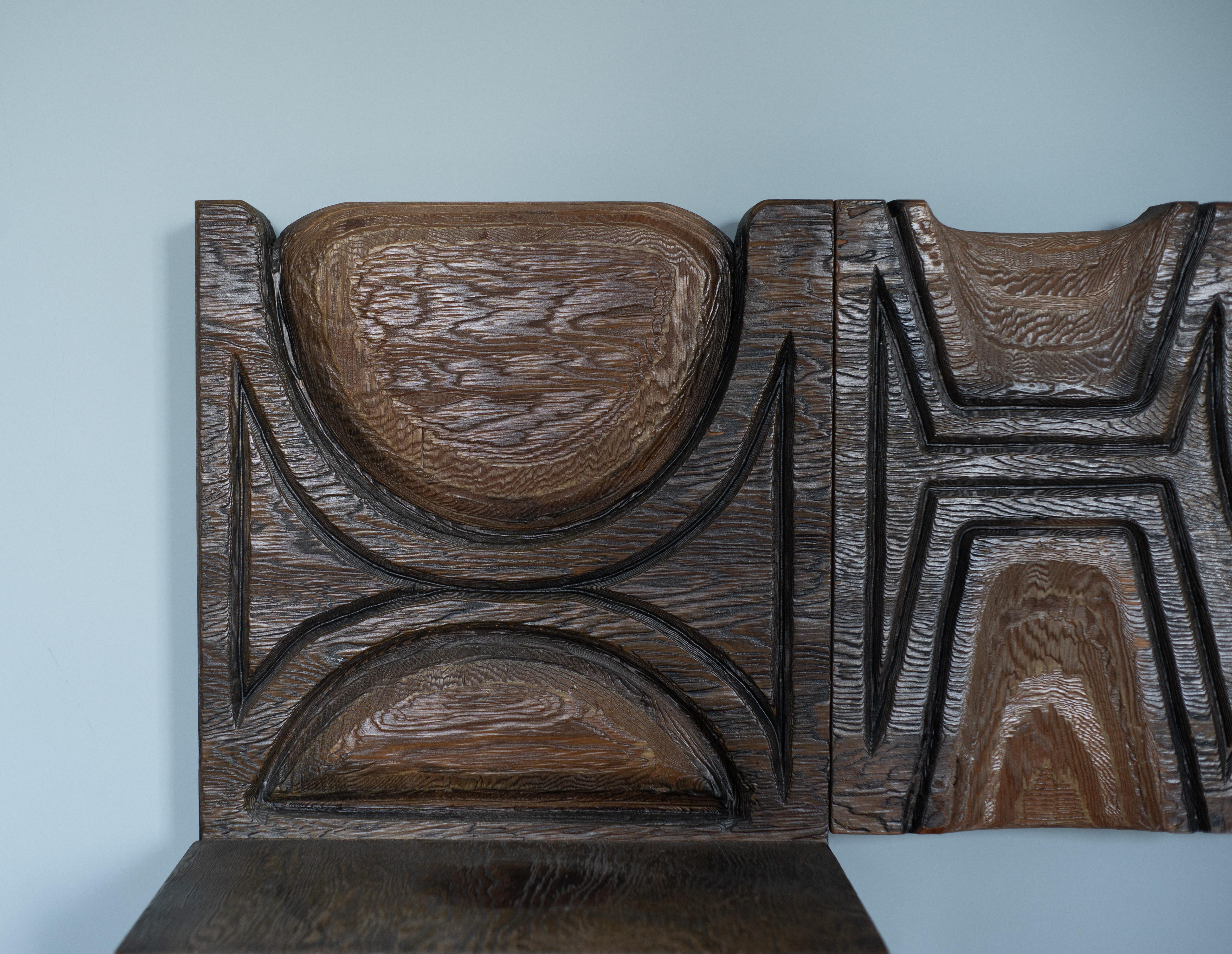 Mid-20th Century 1960s Witco Queen Headboard w/ Floating Nightstands in Tiki Carved Wood For Sale