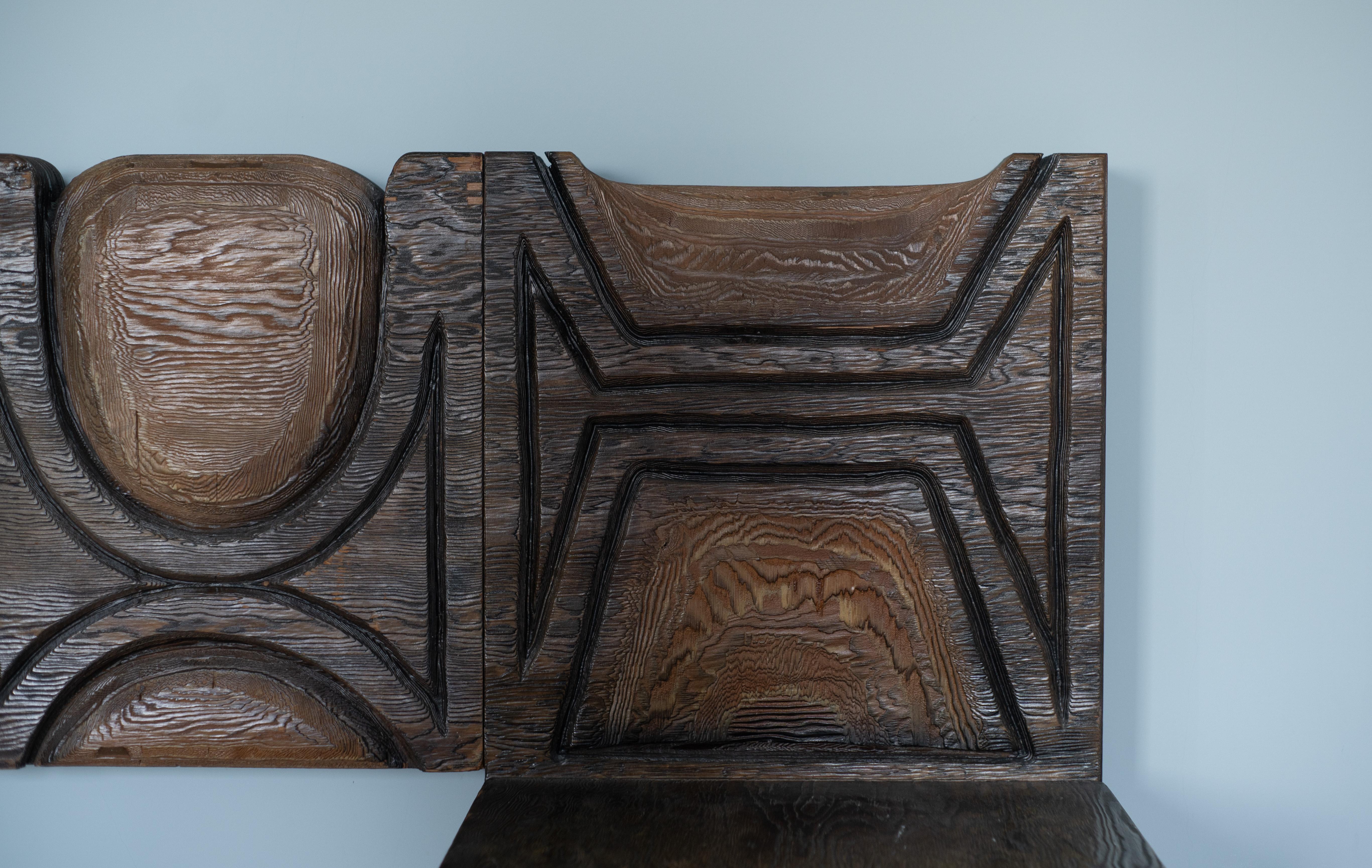 1960s Witco Queen Headboard w/ Floating Nightstands in Tiki Carved Wood For Sale 2