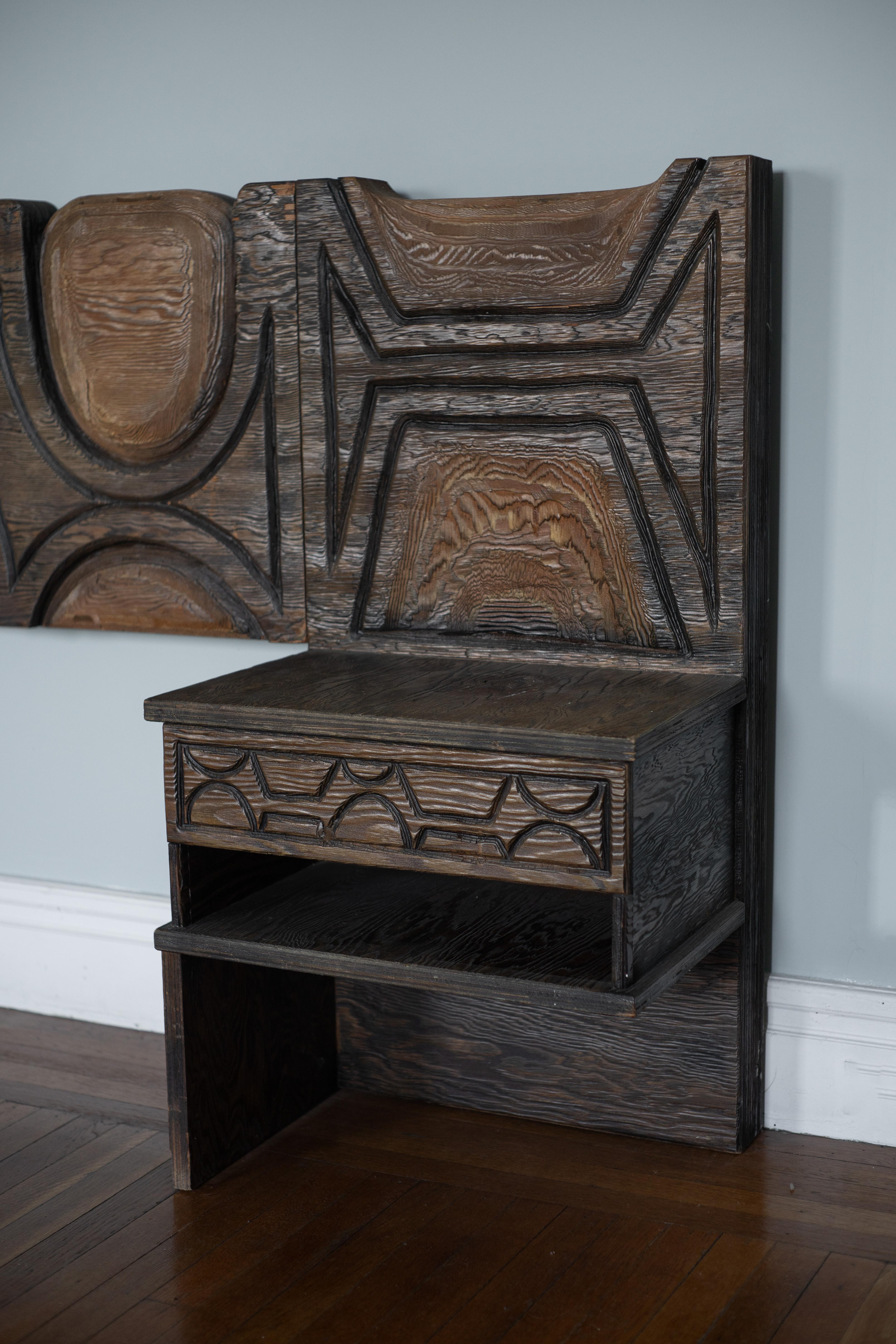 1960s Witco Queen Headboard w/ Floating Nightstands in Tiki Carved Wood For Sale 3