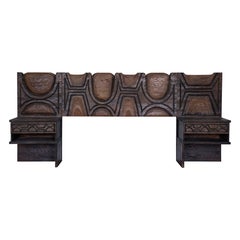 1960s Witco Queen Headboard w/ Floating Nightstands in Tiki Carved Wood